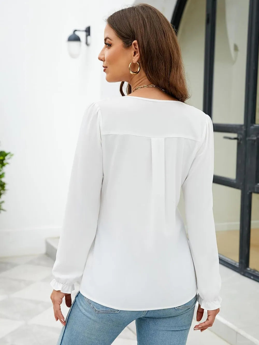 Notched-Neck Flounce-Sleeve Blouse