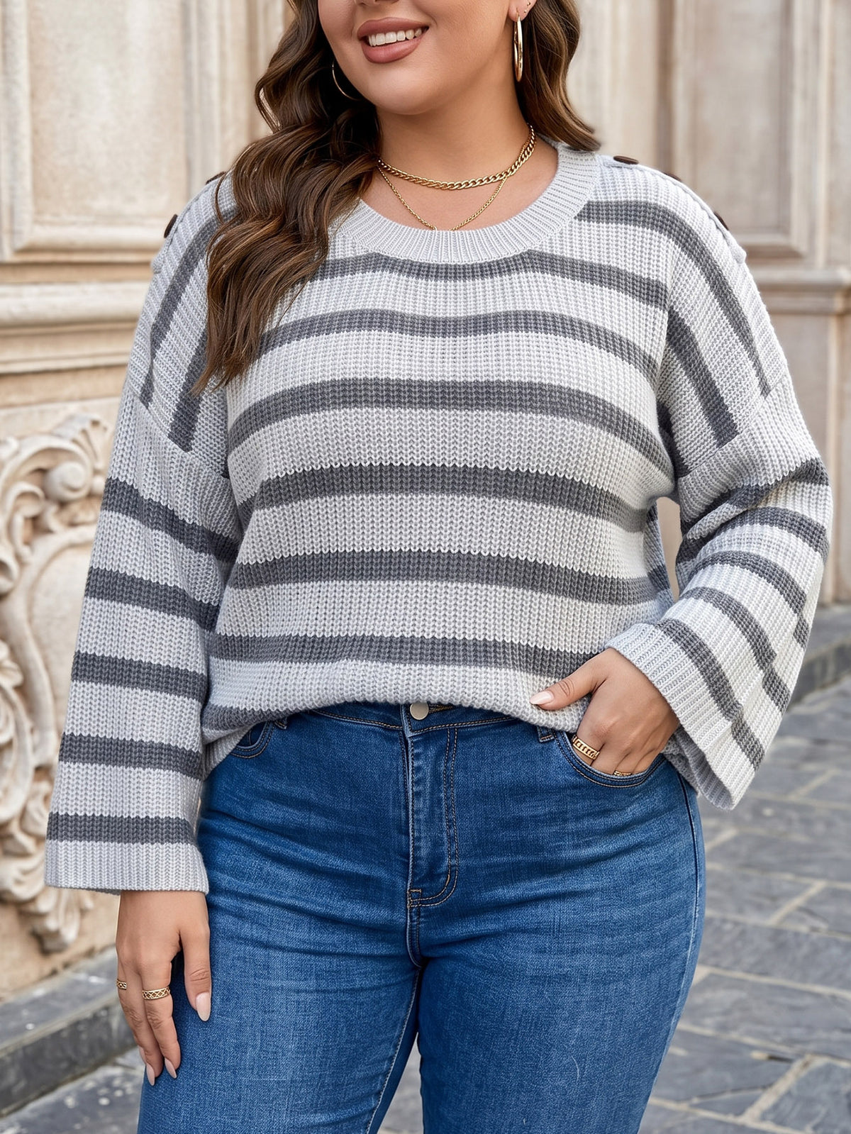 Women's Plus Size Striped Button-Detail Sweater