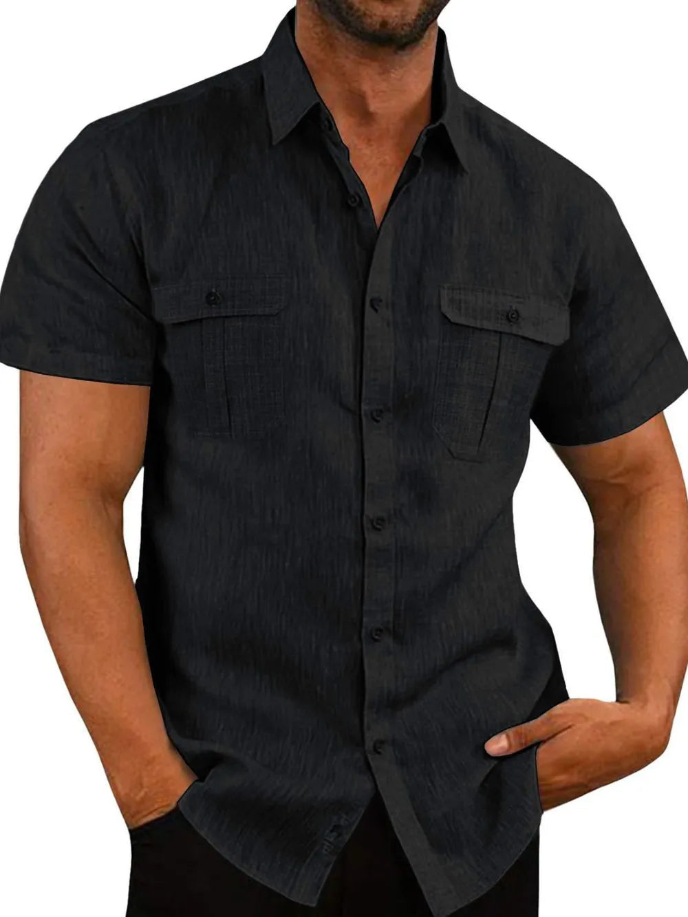 Men's Plus Size Short-Sleeve Linen-Cotton Shirt