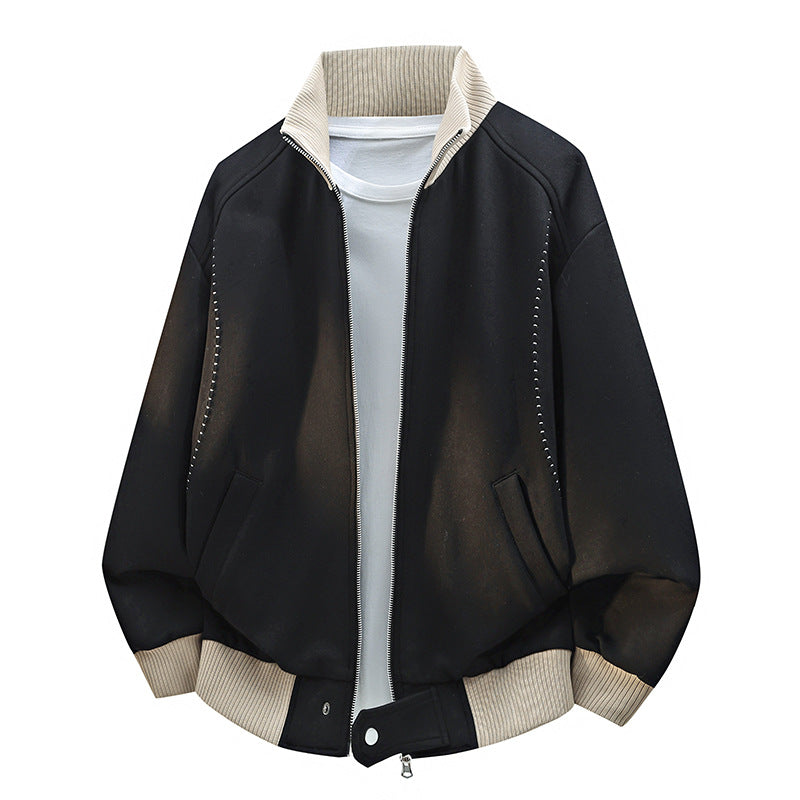 Men's Plus Size Color-Block Ribbed-Collar Jacket
