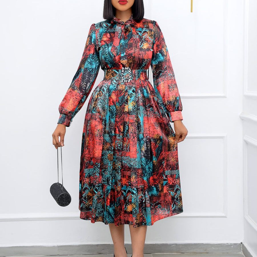 Women's Plus Size Printed Belted Banquet Dress