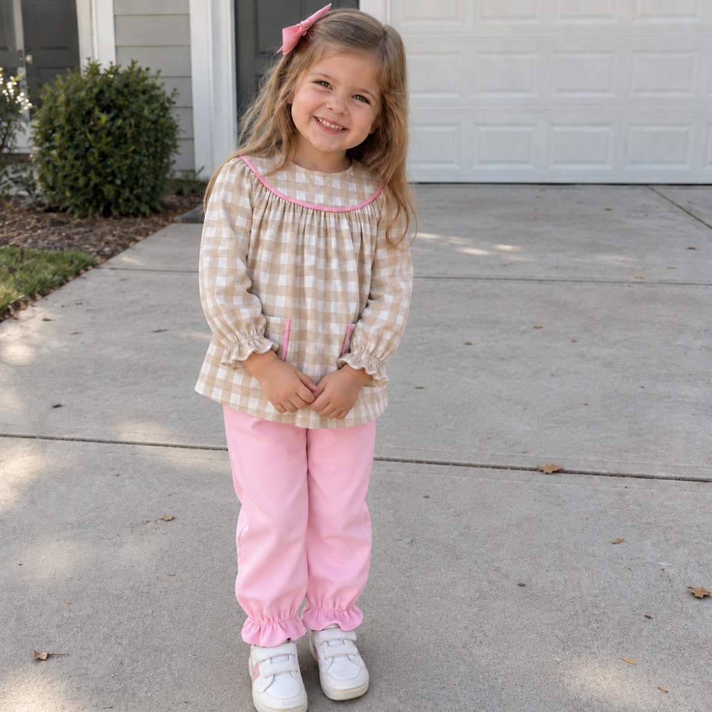Girls' Gingham Top & Pink Pants Set