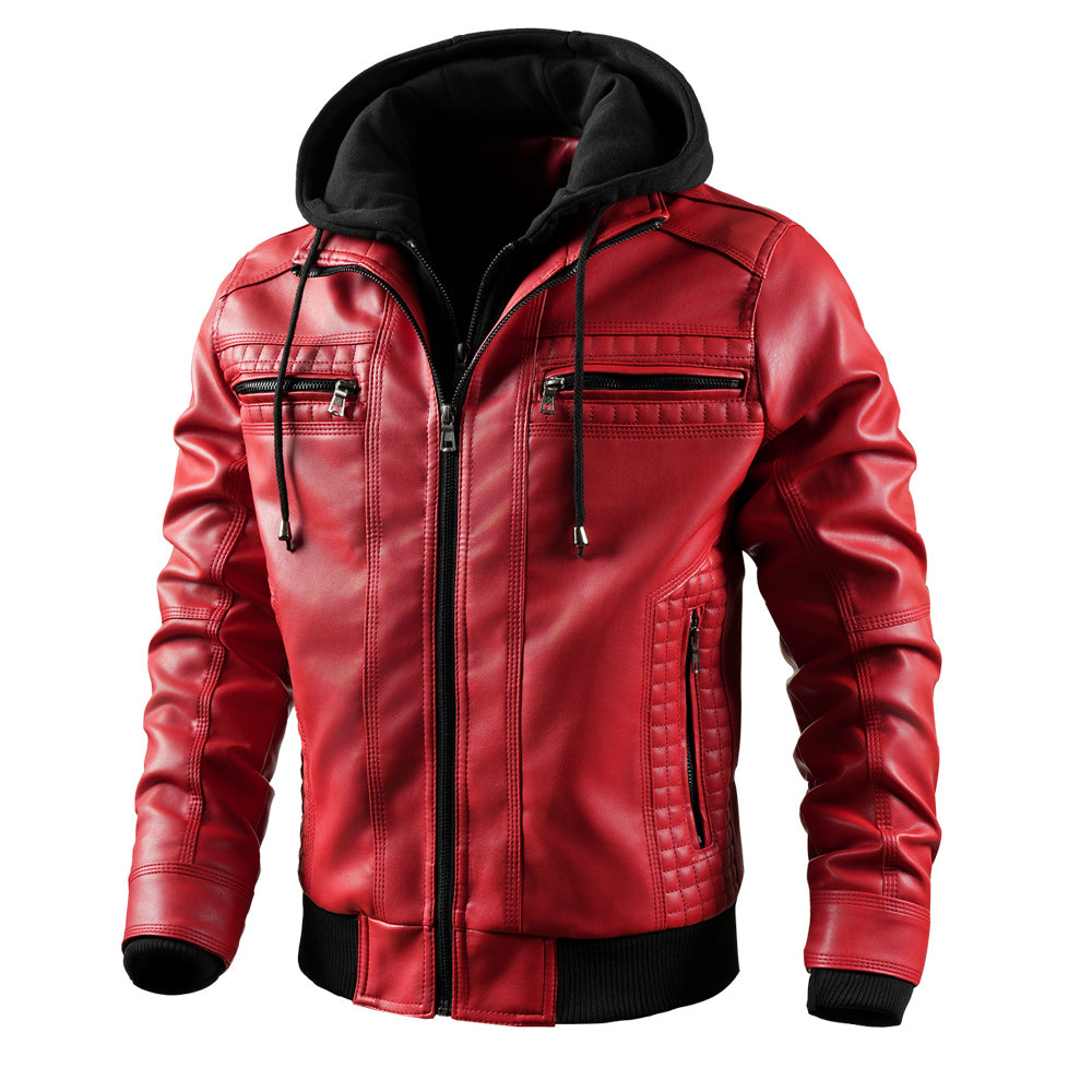 Men's Faux Leather Moto Jacket with Removable Hood