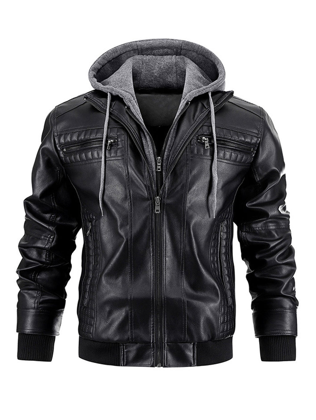 Men's Faux Leather Moto Jacket with Removable Hood
