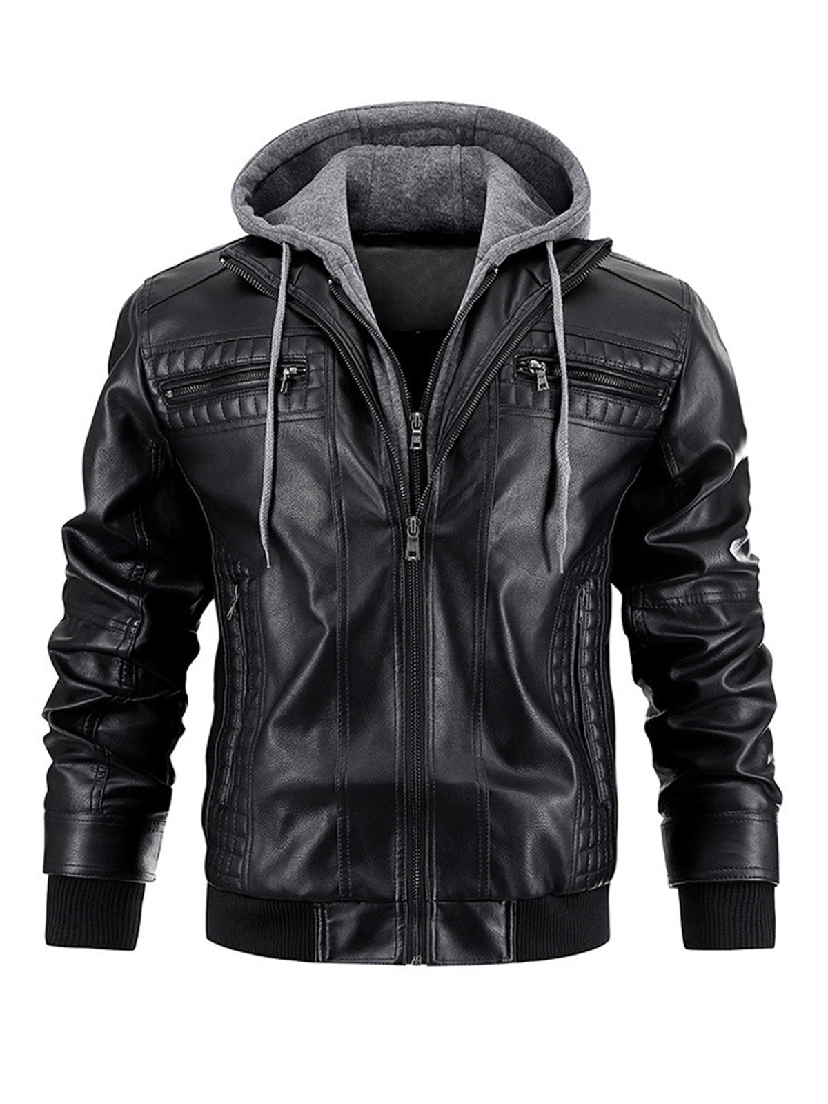 Men's Faux Leather Moto Jacket with Removable Hood