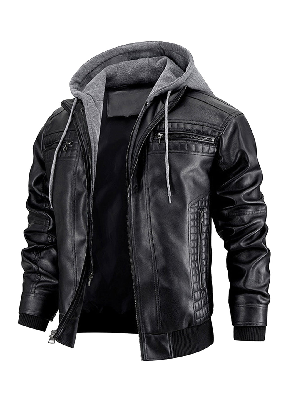 Men's Faux Leather Moto Jacket with Removable Hood