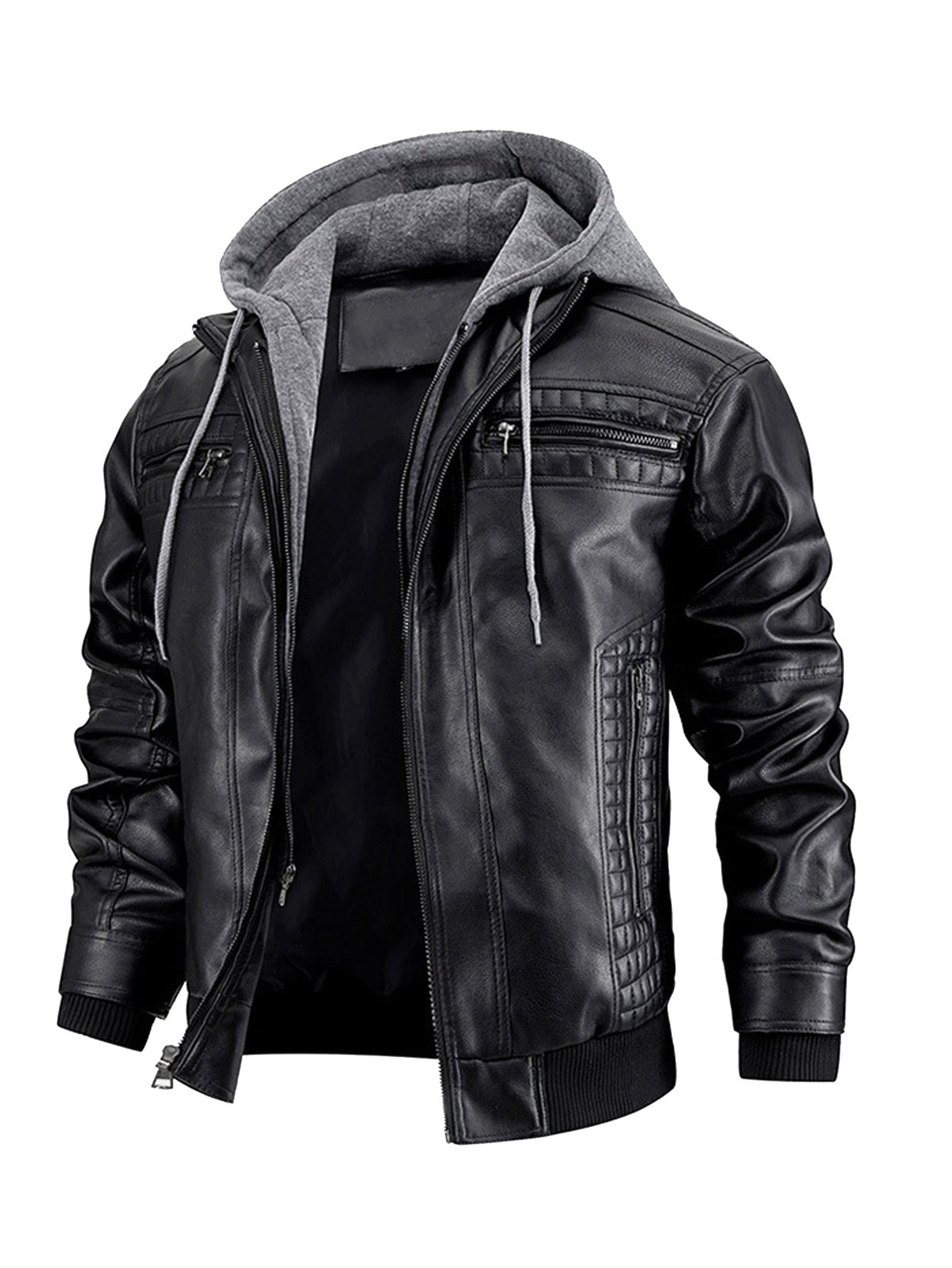 Men's Faux Leather Moto Jacket with Removable Hood