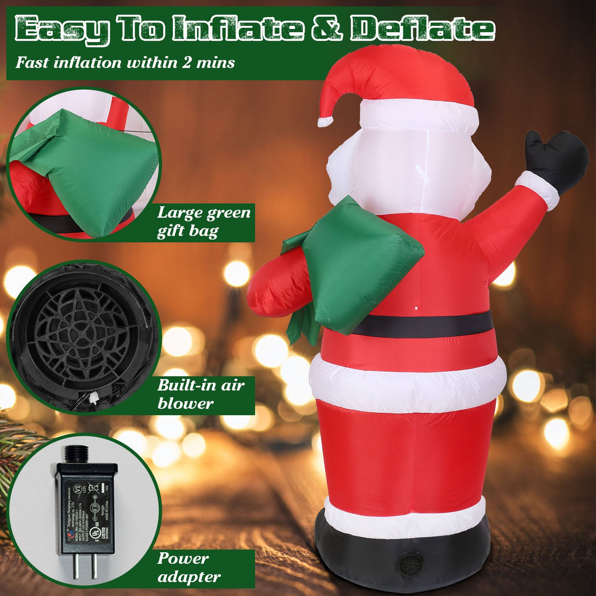 6.4ft Inflatable Christmas Giant Santa Claus Blow up Light up Santa Claus with LED Lights Gift Bag