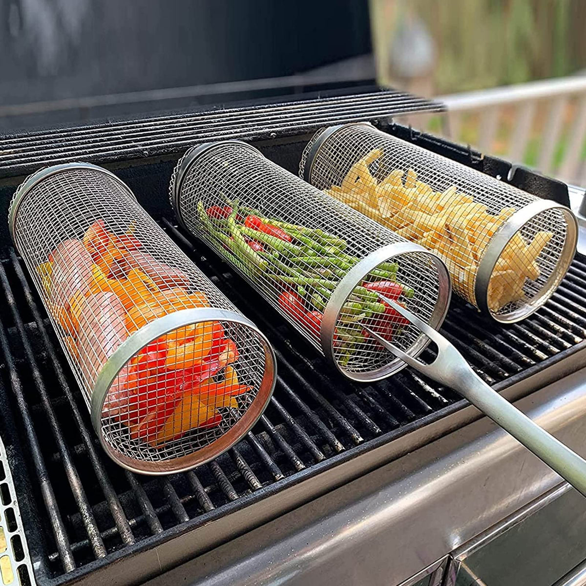 Rolling Stainless Steel BBQ Grill Basket