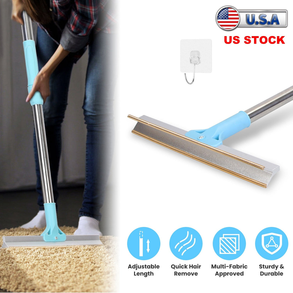 Pet Hair Removal Rake with 54" Adjustable Telescopic Handle