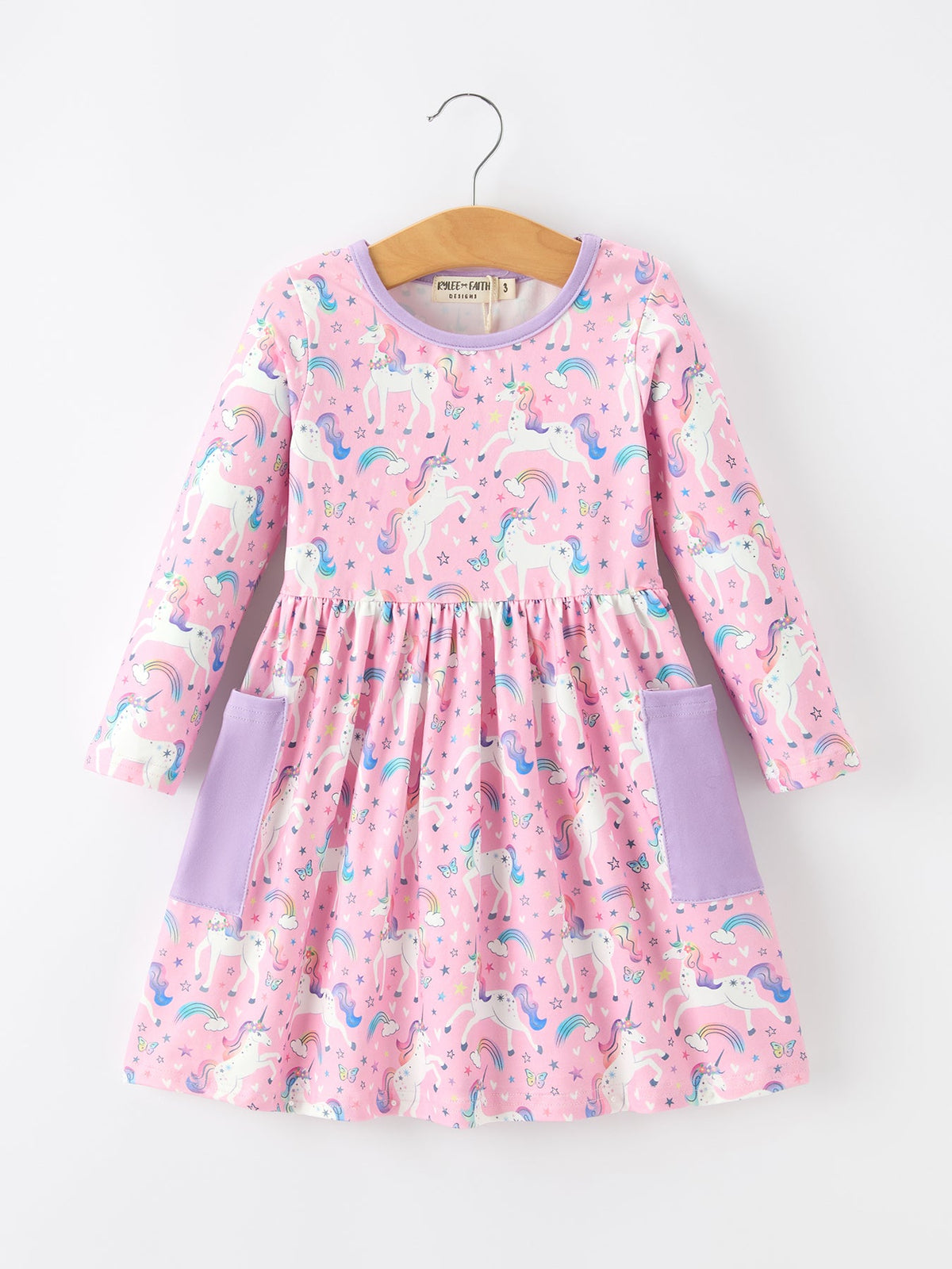 Girls' Pink Unicorn & Rainbow Pocket Dress