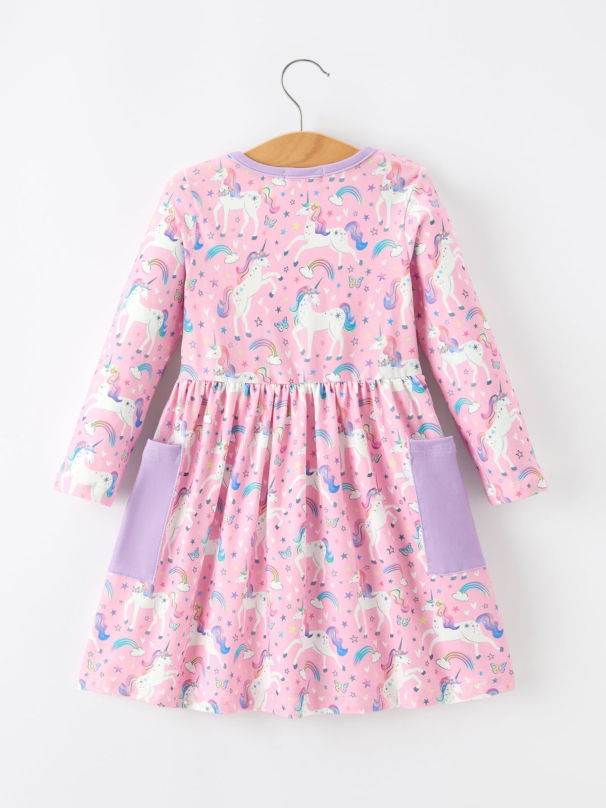 Girls' Pink Unicorn & Rainbow Pocket Dress