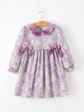 Girls' Purple Floral Dress with Velvet Collar
