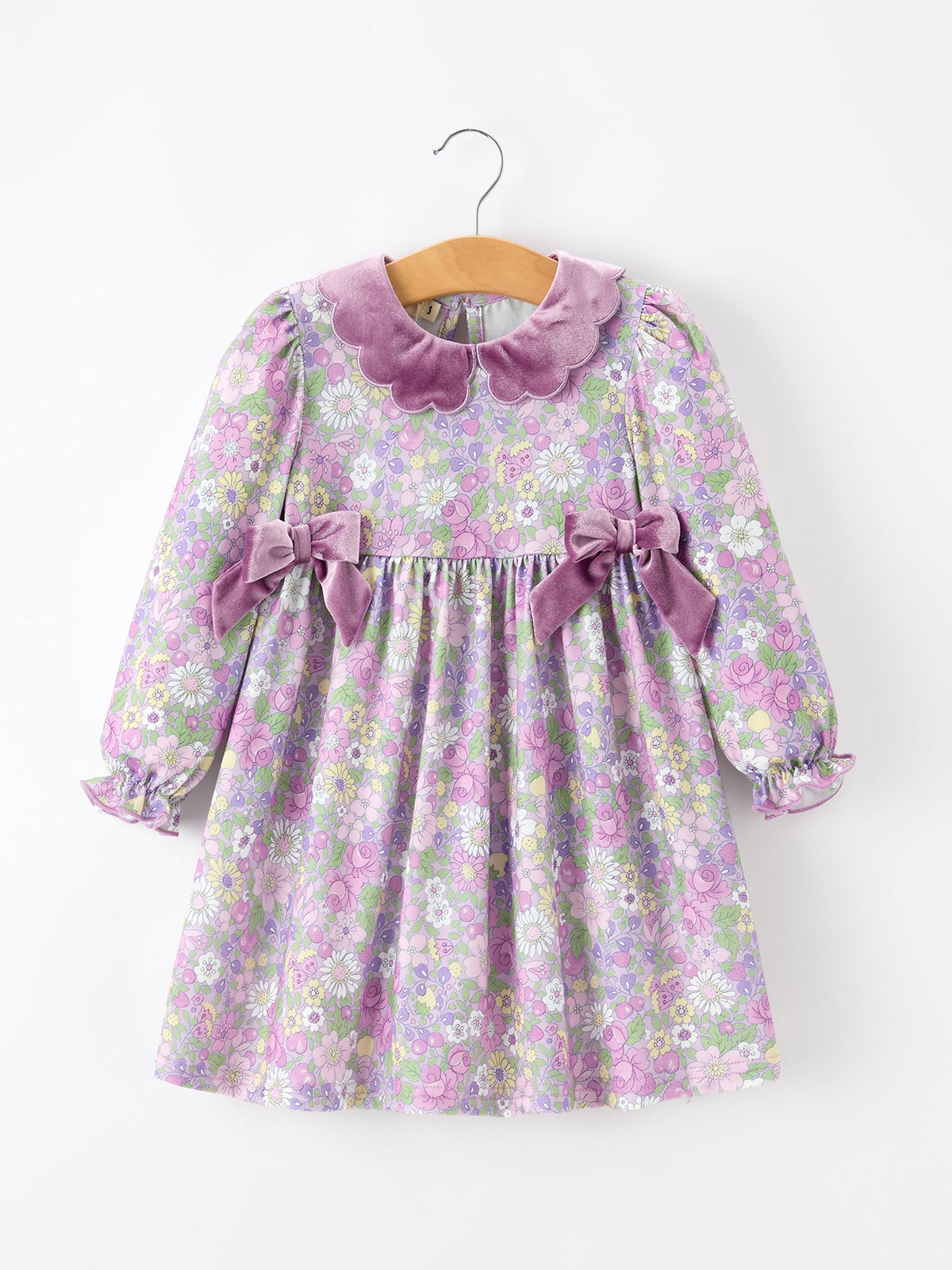 Girls' Purple Floral Dress with Velvet Collar