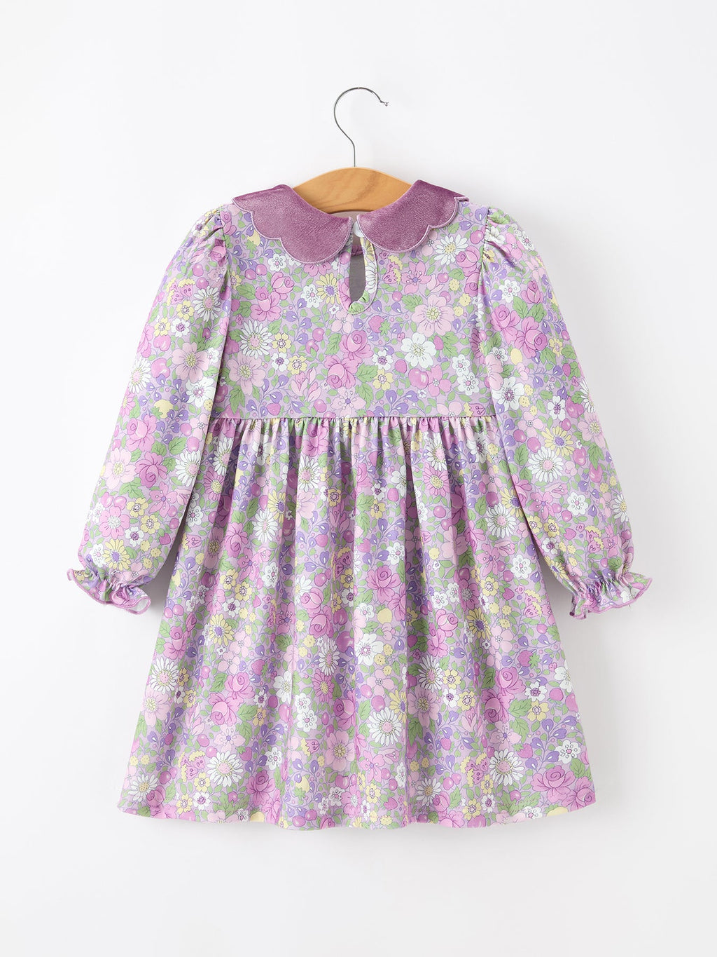 Girls' Purple Floral Dress with Velvet Collar