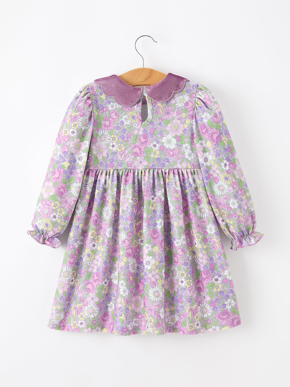 Girls' Purple Floral Dress with Velvet Collar