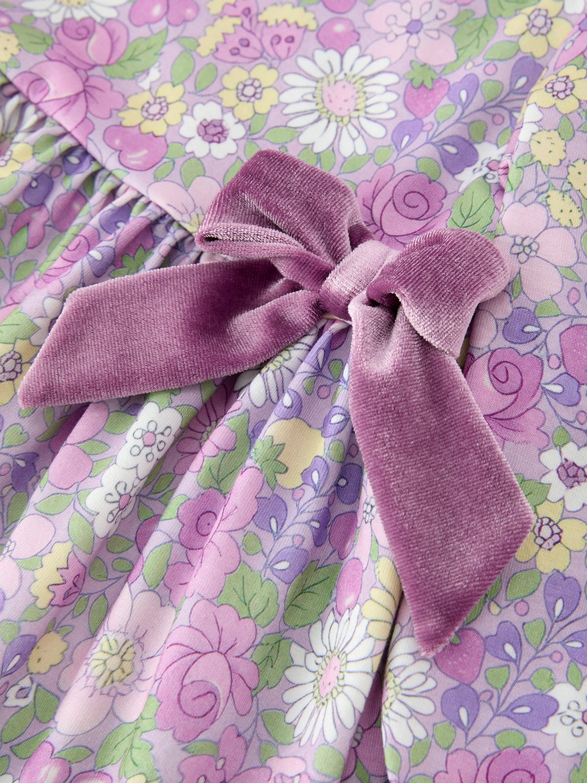 Girls' Purple Floral Dress with Velvet Collar