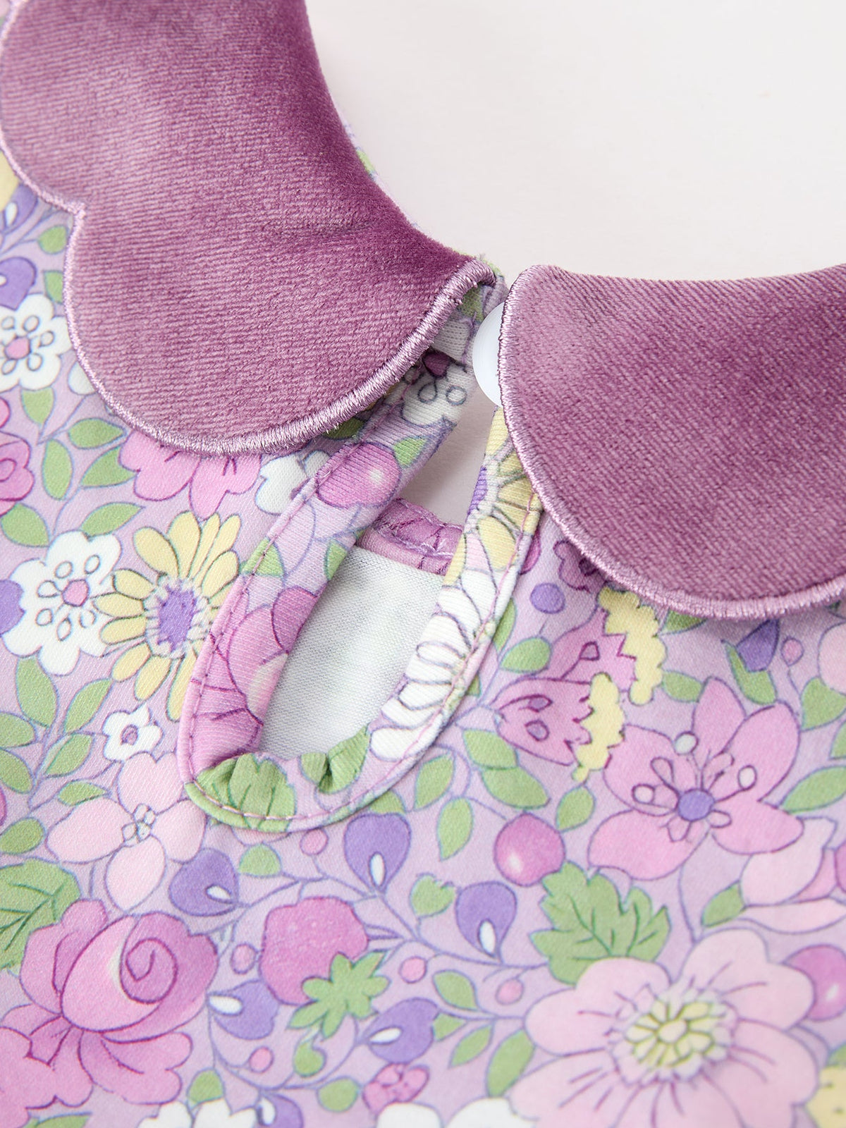 Girls' Purple Floral Dress with Velvet Collar