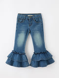 Girls' Denim Ruffle Bell-Bottom Leggings