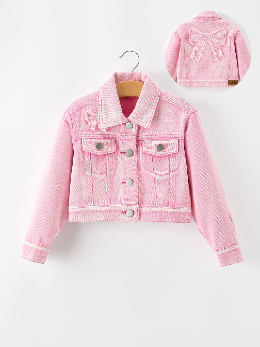Girls’ Pink Denim Jacket with Lace Bow Detail