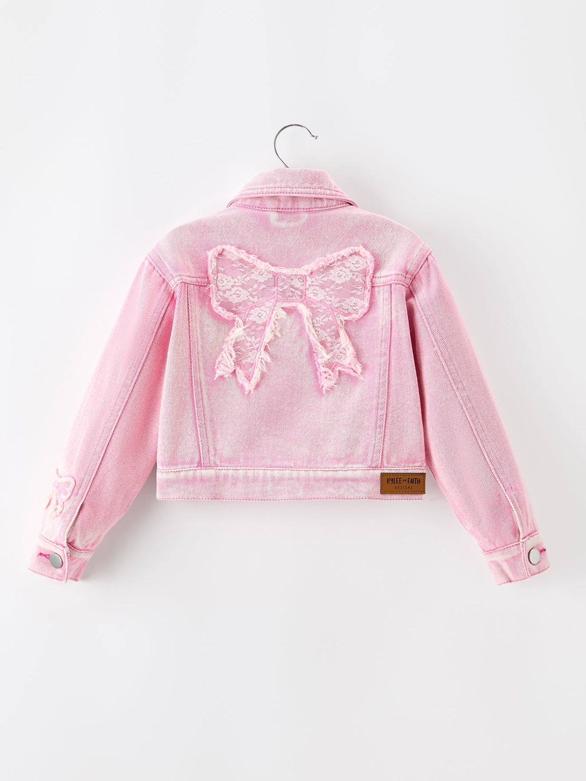 Girls’ Pink Denim Jacket with Lace Bow Detail