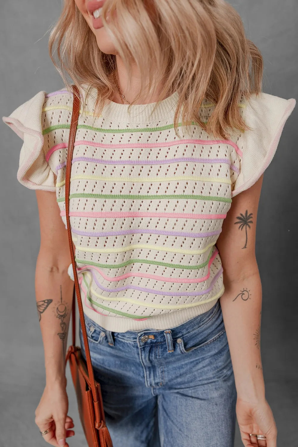 Women's Striped Eyelet Ruffle-Sleeve Sweater Vest