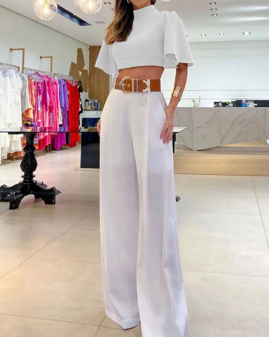 Open-Back Flare-Sleeve Top & Wide-Leg Pants Set