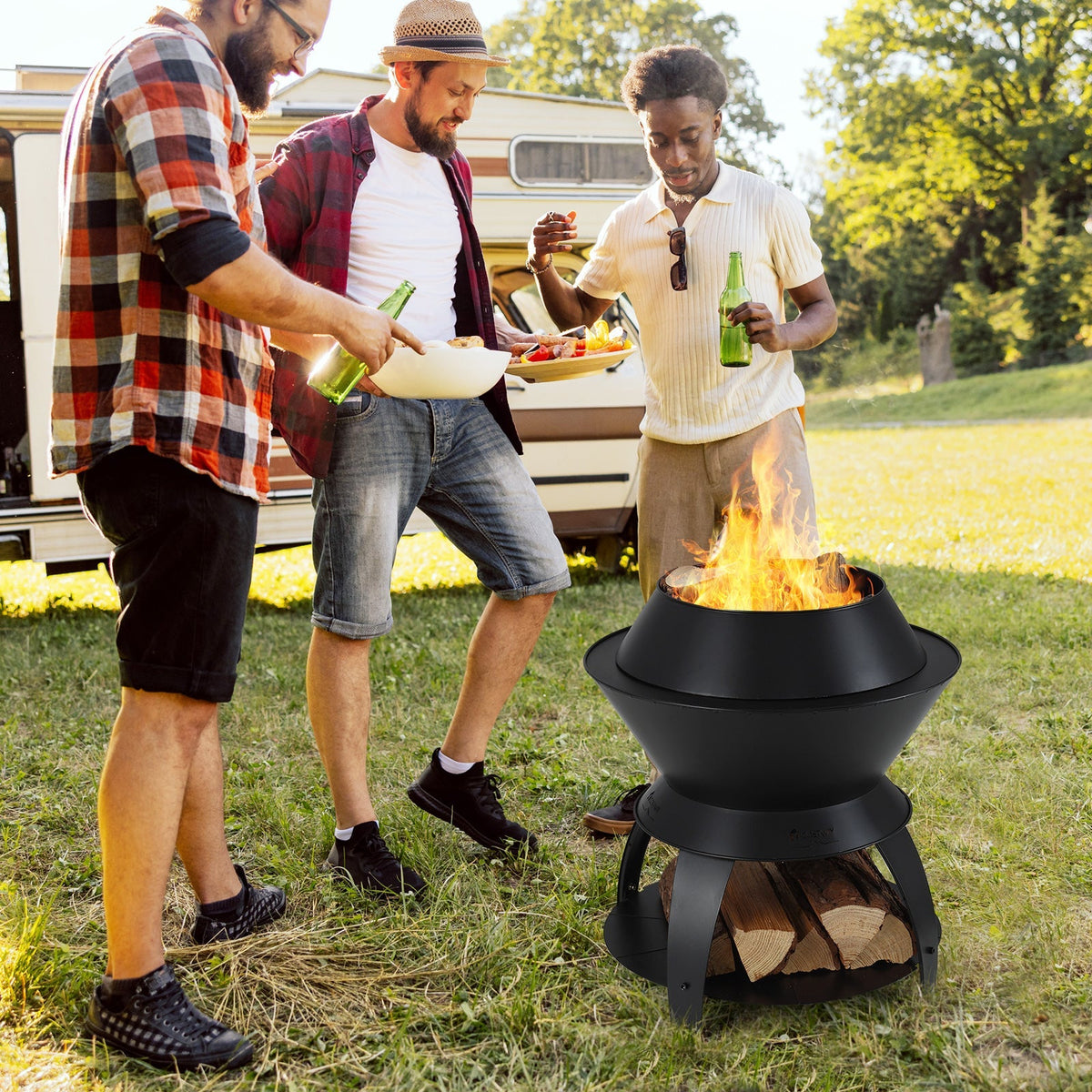 20-Inch Metal Patio Fire Pit with Pot Holder & Shelf