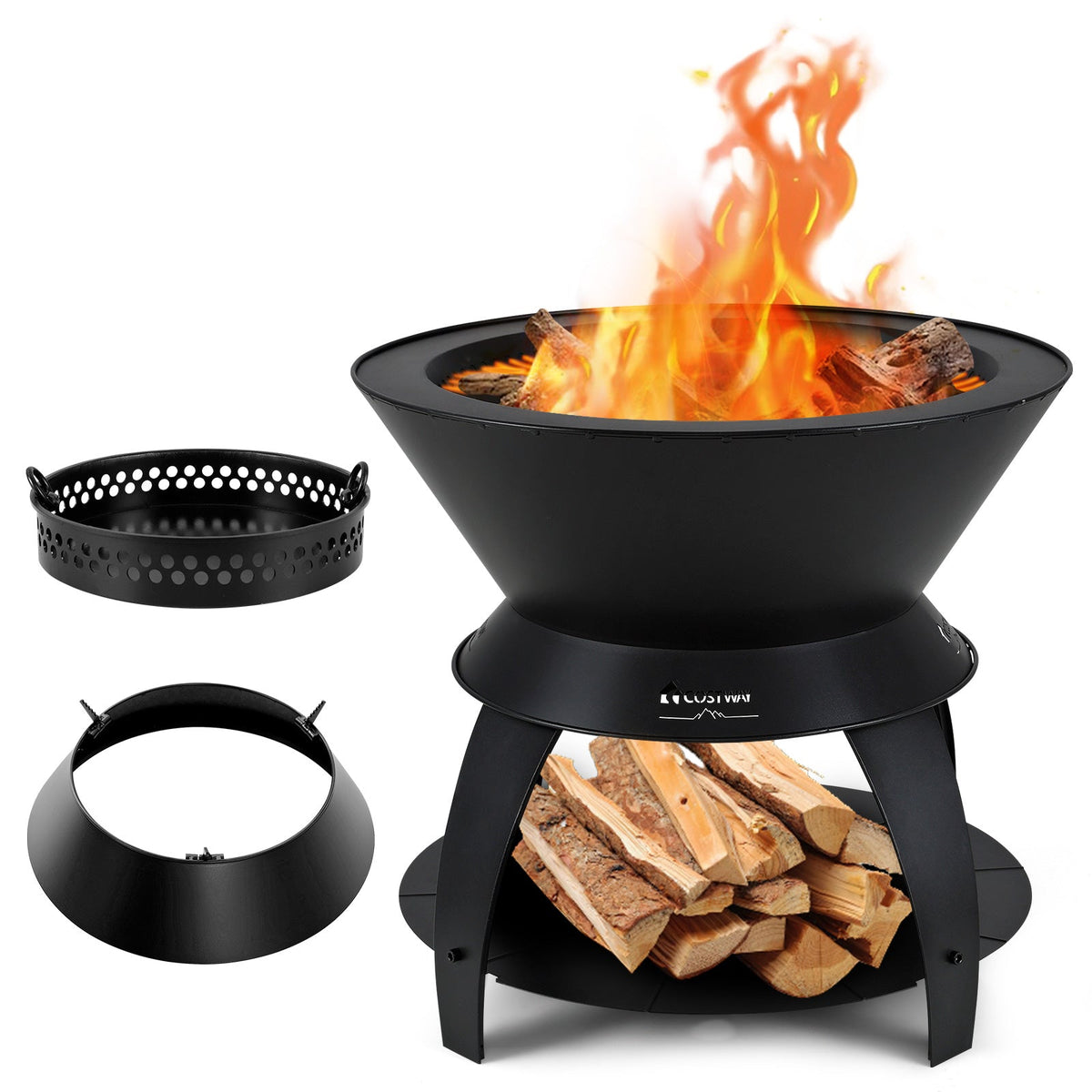 20-Inch Metal Patio Fire Pit with Pot Holder & Shelf
