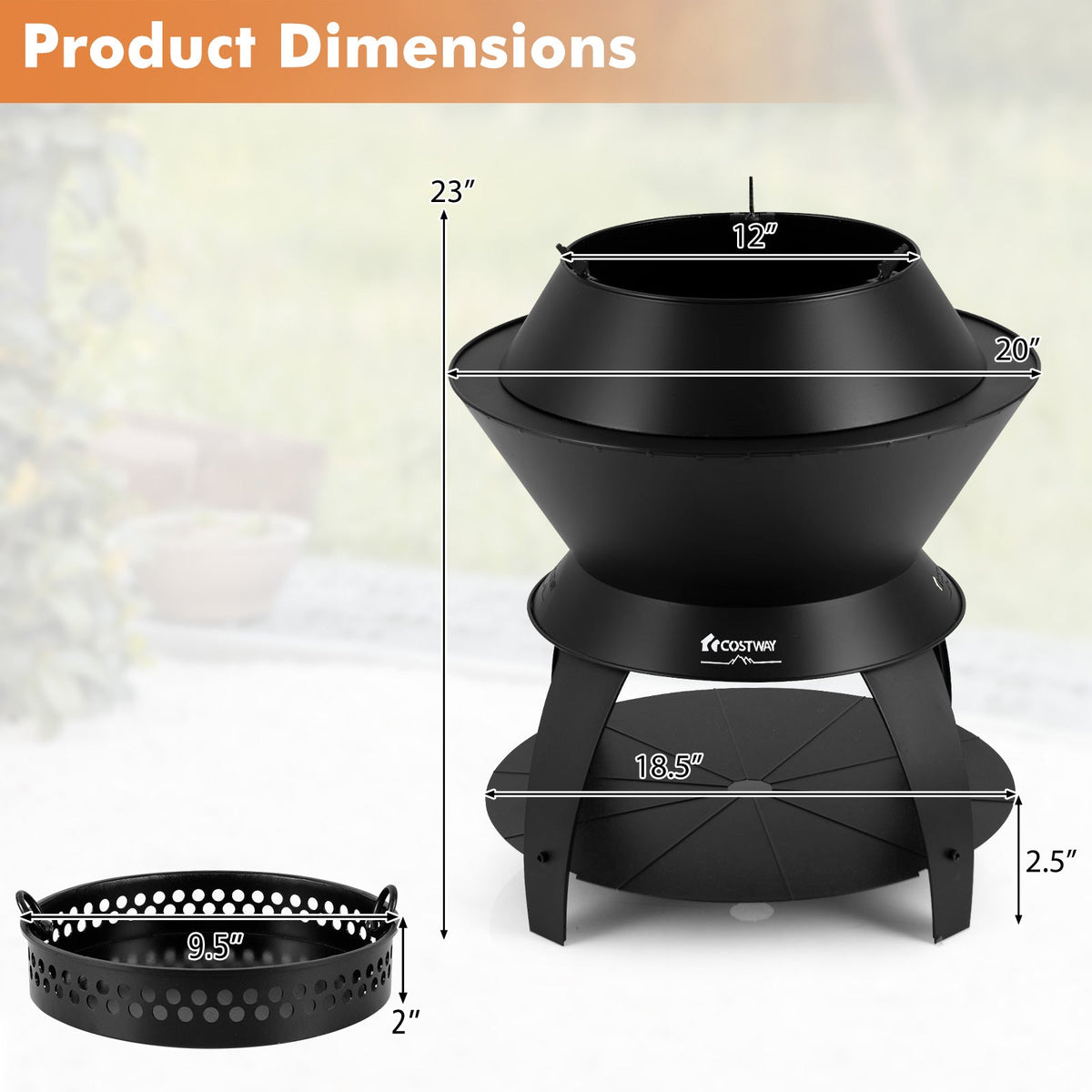 20-Inch Metal Patio Fire Pit with Pot Holder & Shelf