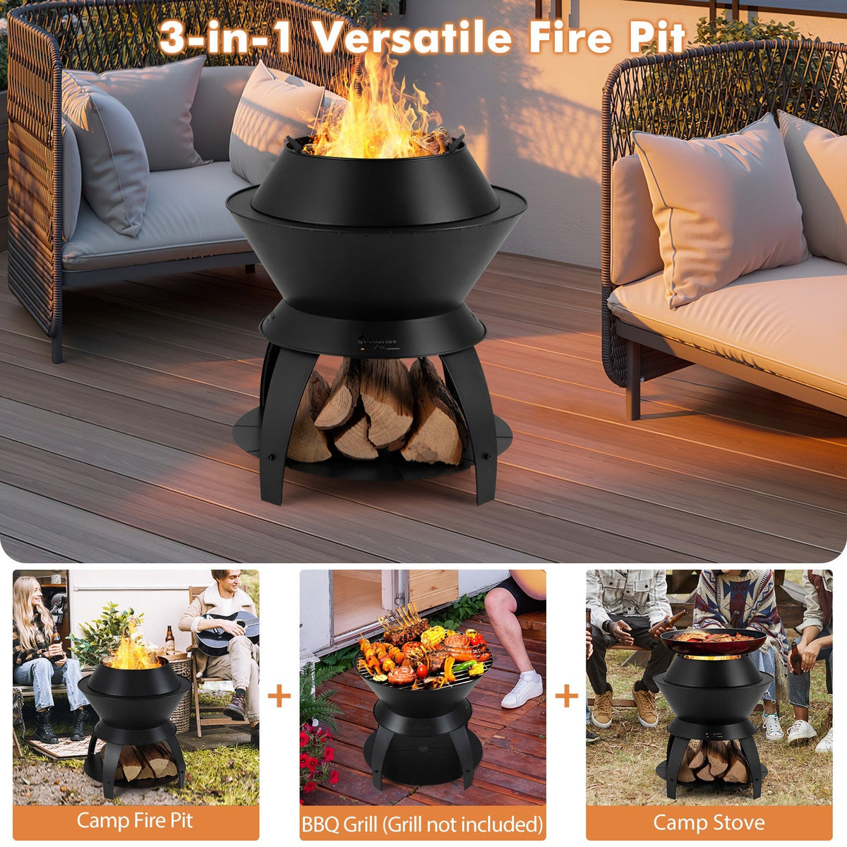 20-Inch Metal Patio Fire Pit with Pot Holder & Shelf