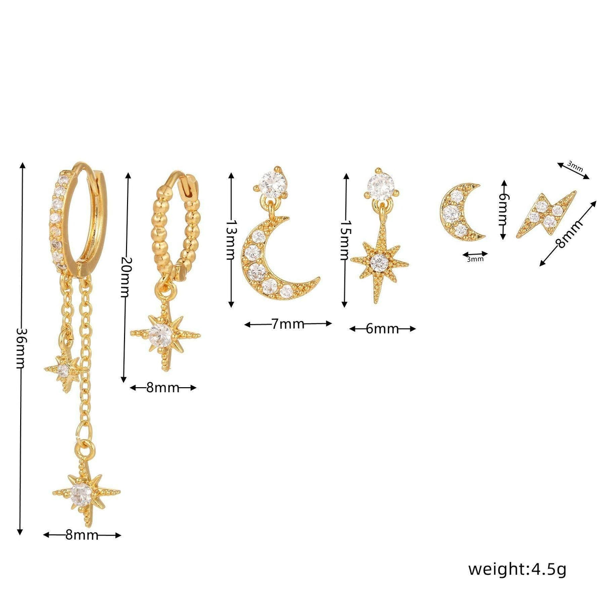 Celestial Star & Moon Six-Piece Earring Set