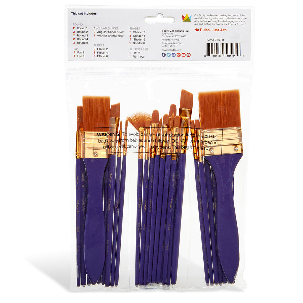 Studio Gold Nylon Acrylic & Watercolor Brush Set, 30 Pieces