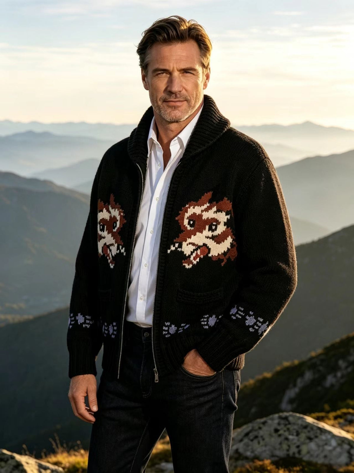 Men's Fox-Pattern Zip-Up Jacquard Cardigan