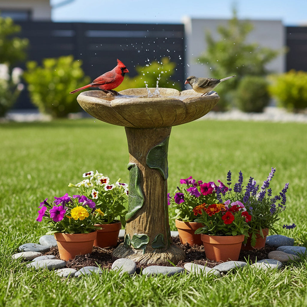 24-Inch Concrete Birdbath – Rustic Carved Trunk