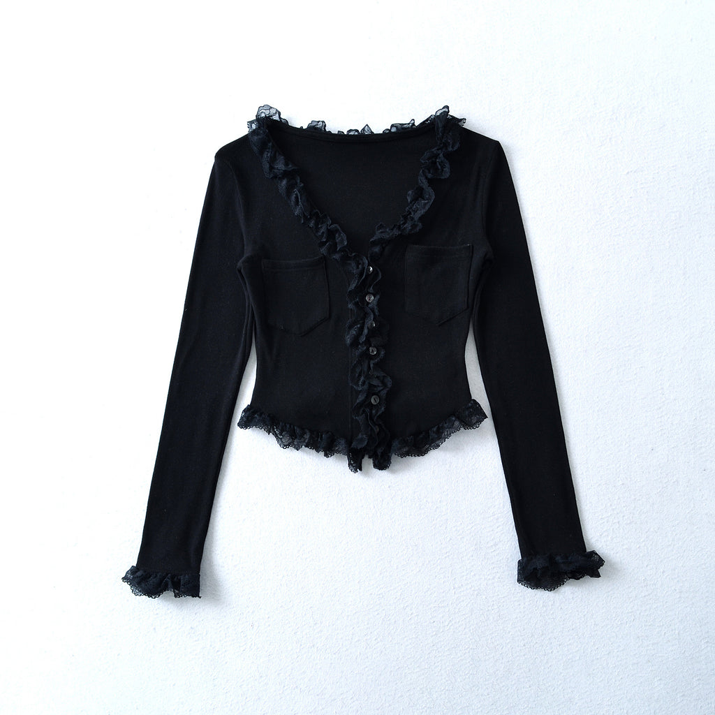 Ruffle Lace Trim Pocket Blouse