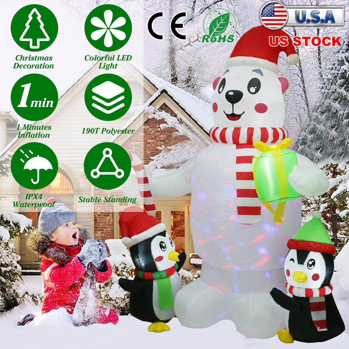5.9 ft Christmas Inflatable Outdoor Decoration Polar Bear Gift Box Penguin Blow Up Yard Decoration