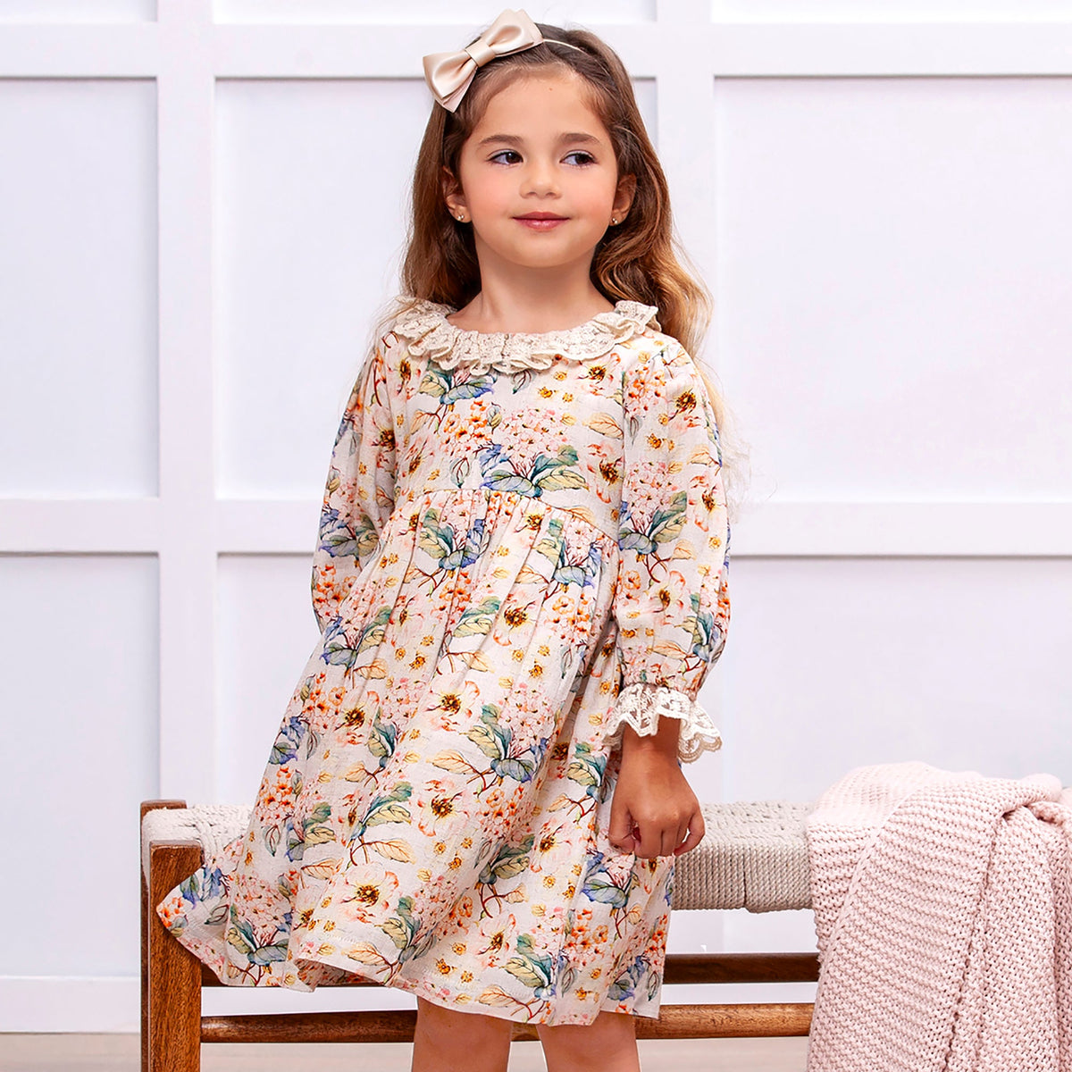Girls' Vintage Floral Linen-Blend Dress
