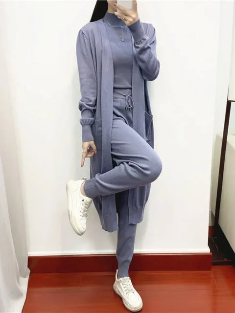 Three-Piece Knit Cardigan, Vest & Pants Set