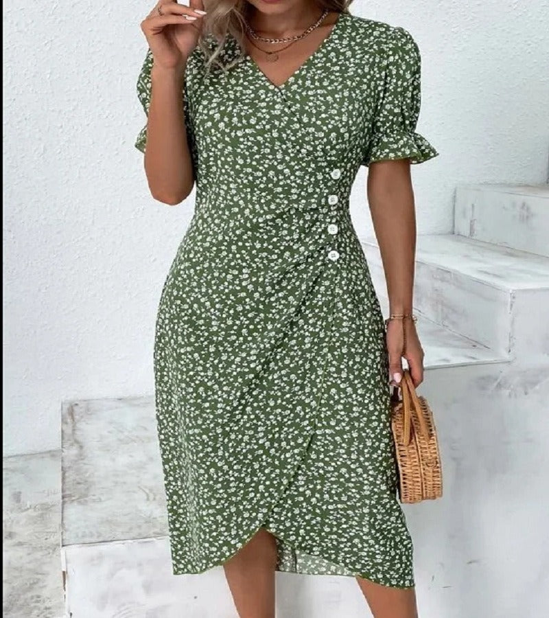 Floral V-Neck Asymmetric-Hem Dress