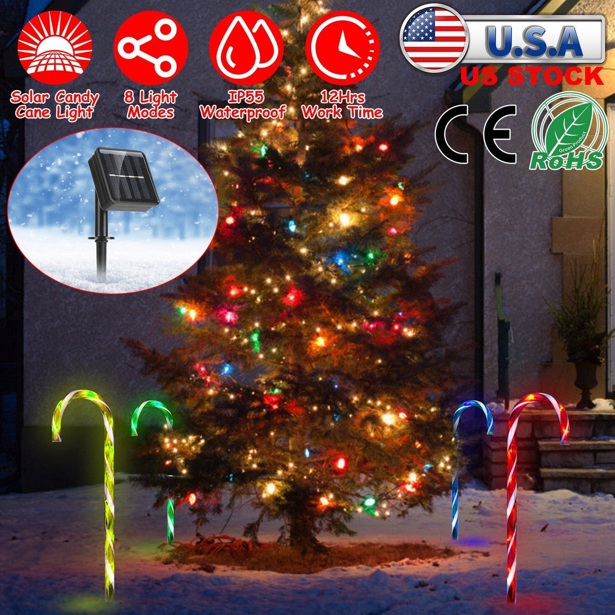 Solar Christmas Candy Cane Light IP55 Waterproof Stake Light Lamp for Patio Yard Garden Pathway