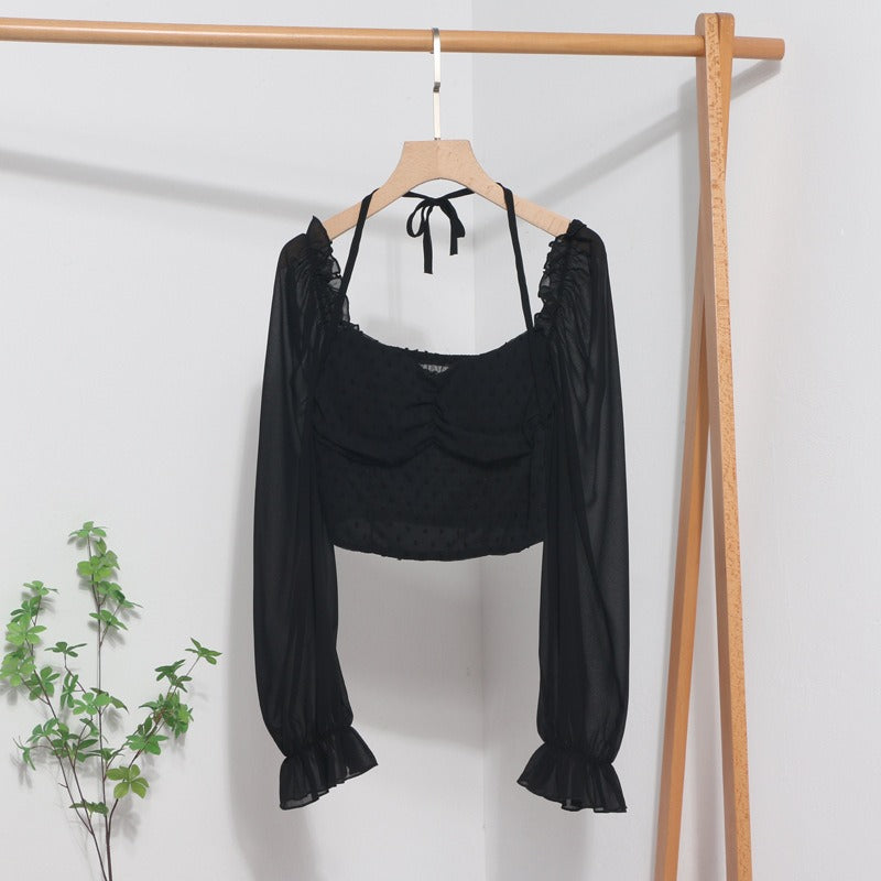 Lace-Up Square-Neck Lantern-Sleeve Crop Top