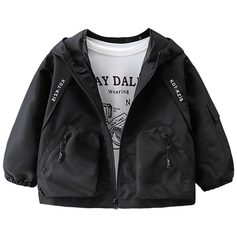 Casual Boys Windbreaker Jacket, Spring Autumn Hooded Black Outerwear for Kids