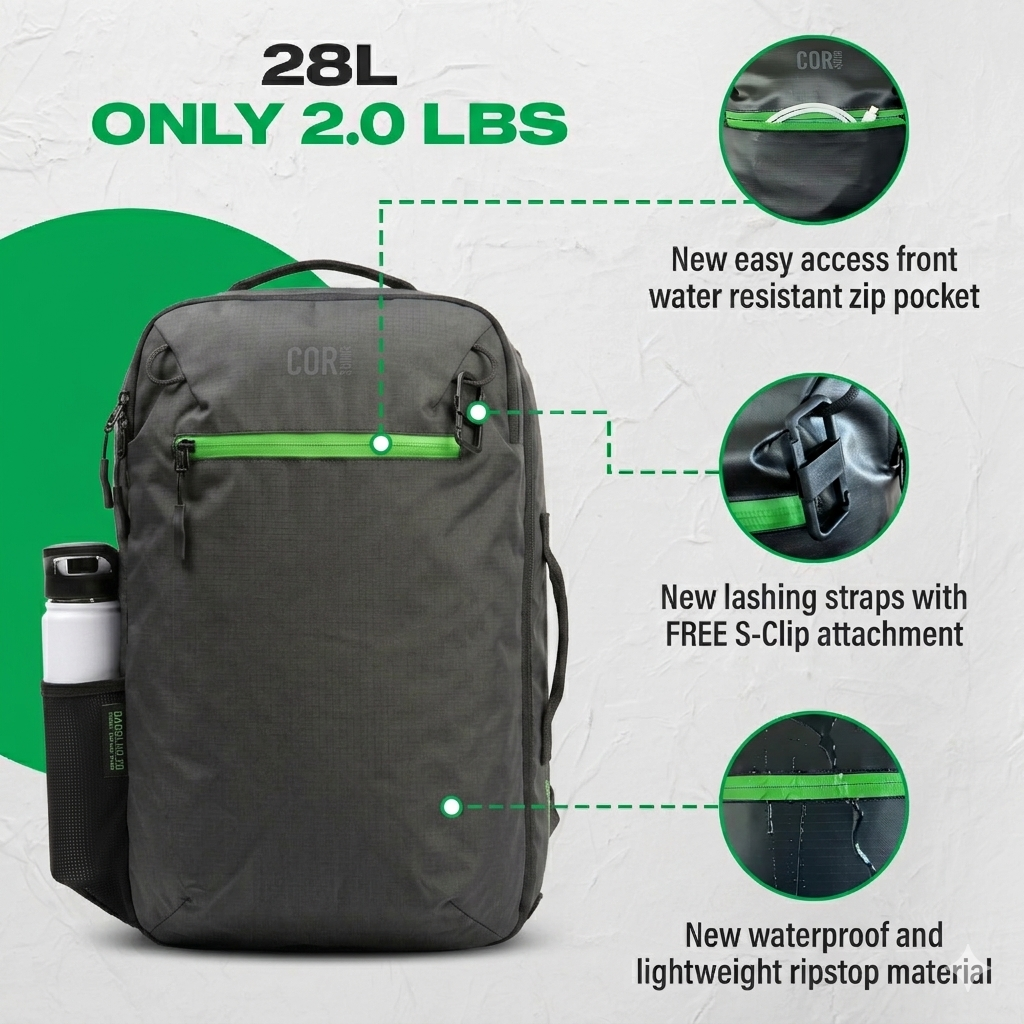 COR Surf Island Hopper 2.0 Travel Backpack — Matte Black, 28L & 34L