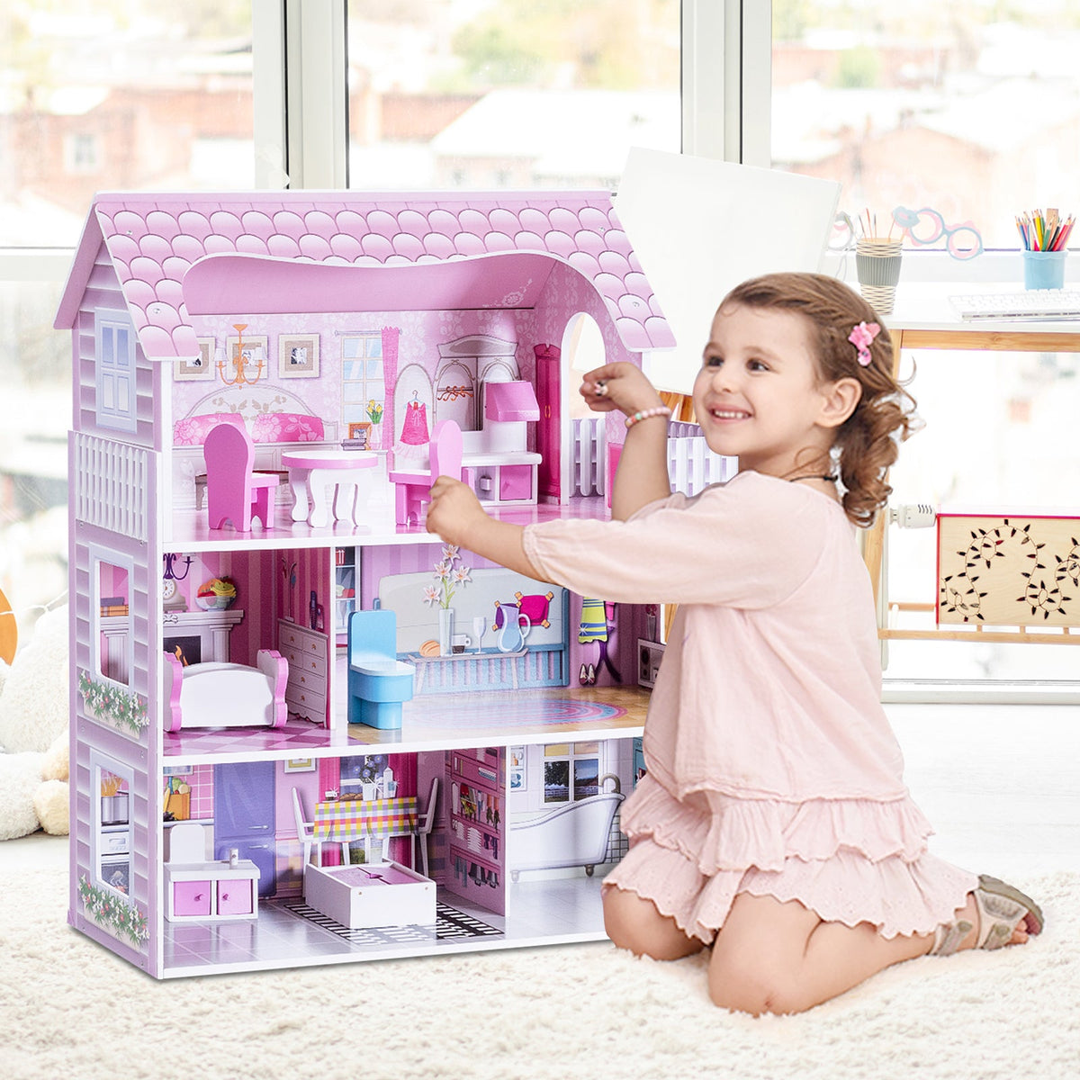 Pink Dollhouse with Furniture, 28 Inches