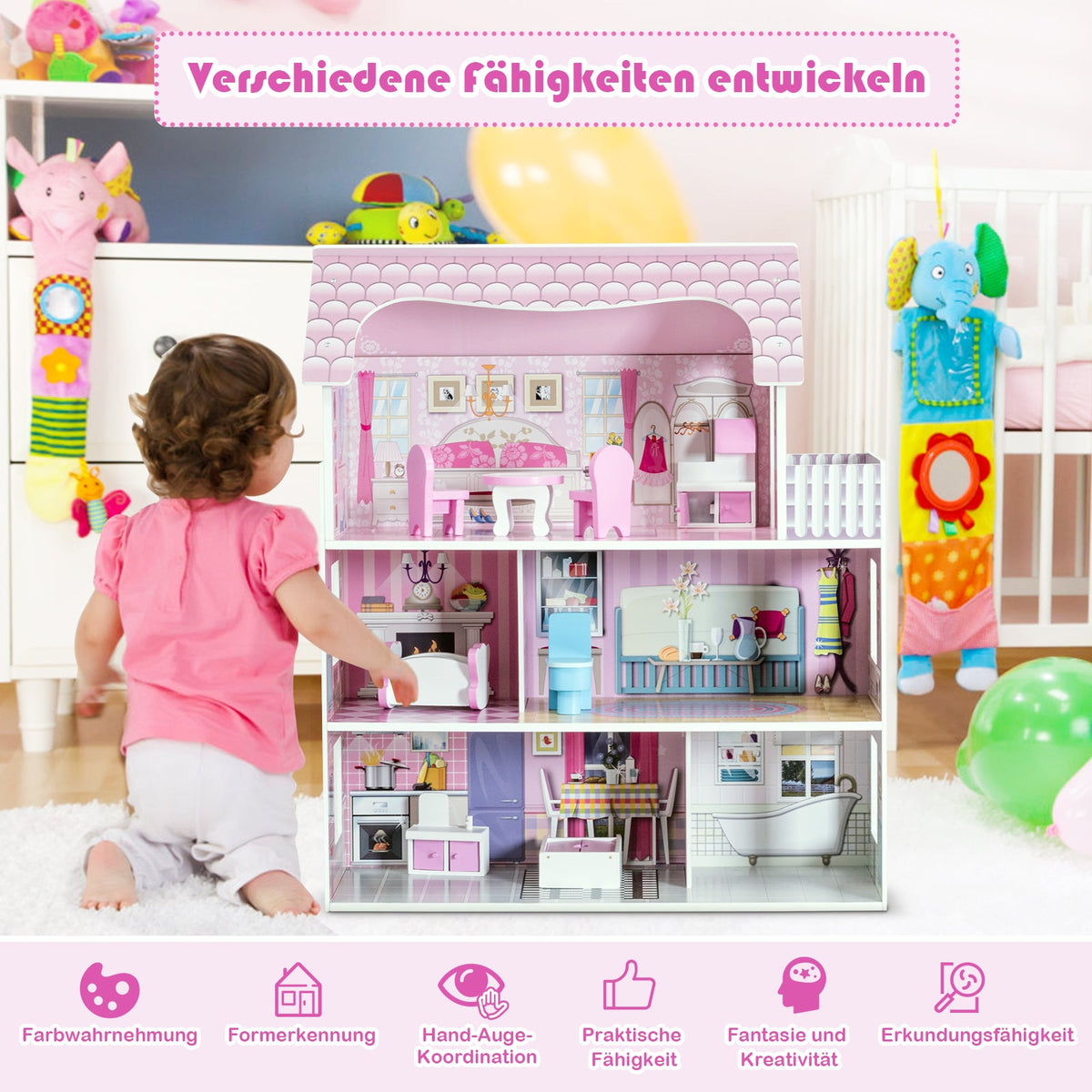 Pink Dollhouse with Furniture, 28 Inches