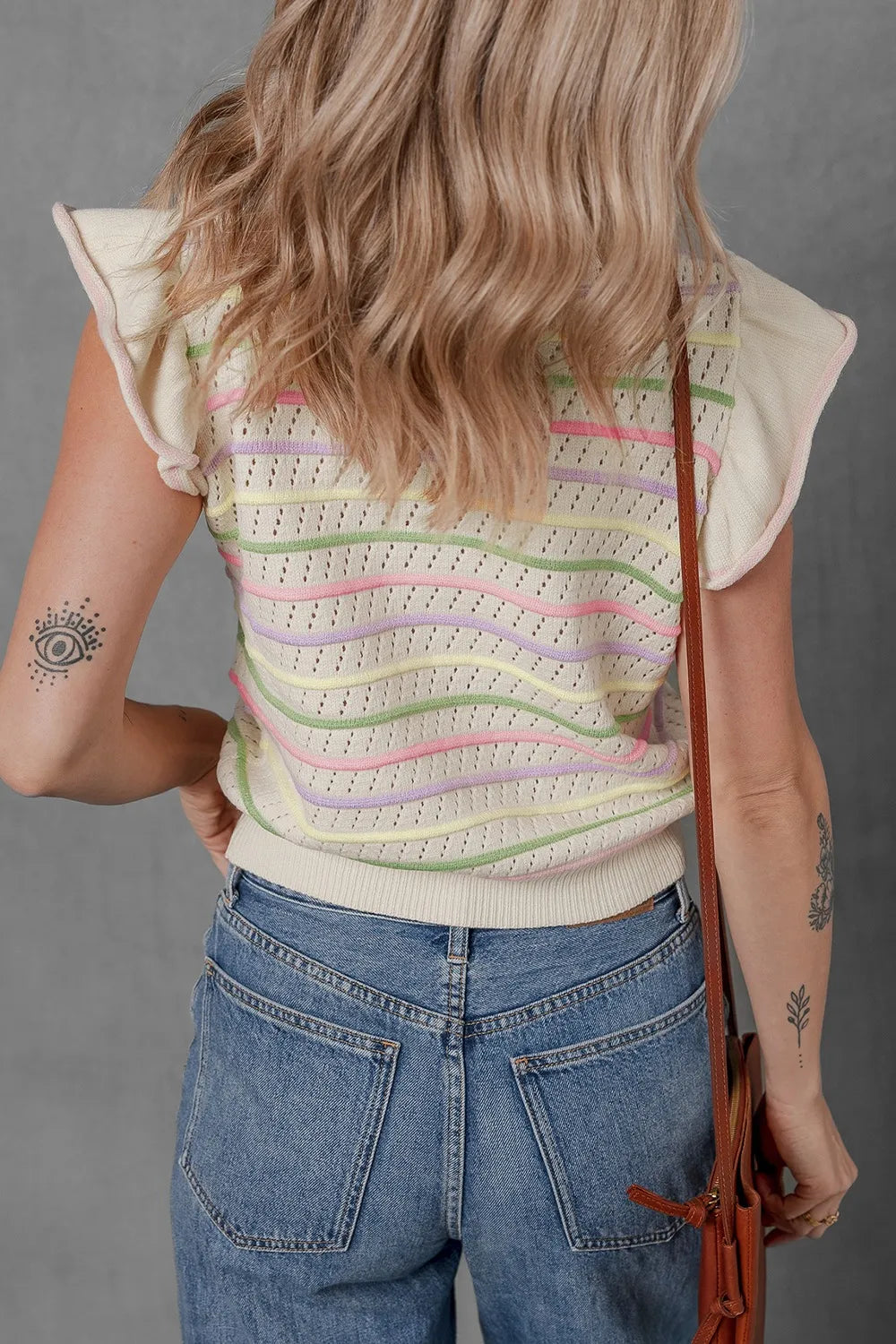 Women's Striped Eyelet Ruffle-Sleeve Sweater Vest