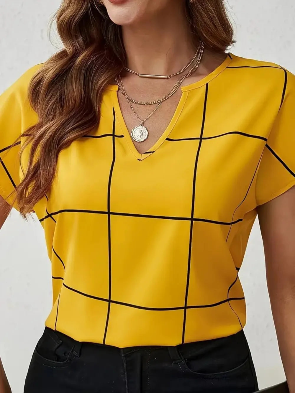 Plaid-Contrast Notched Blouse