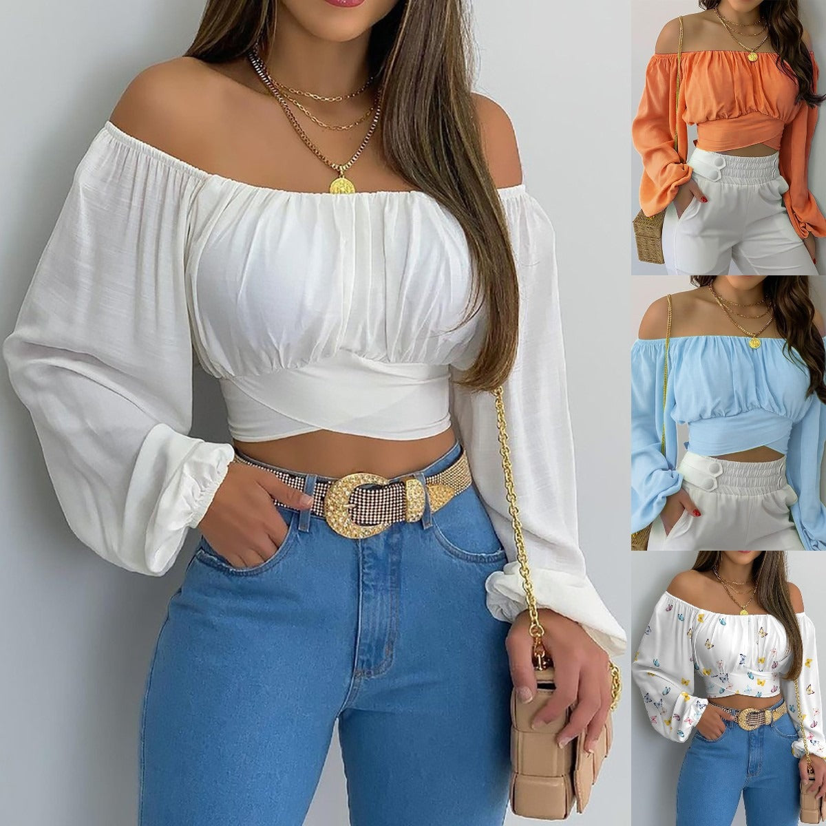 Off-Shoulder Lace-Up Long-Sleeve Top