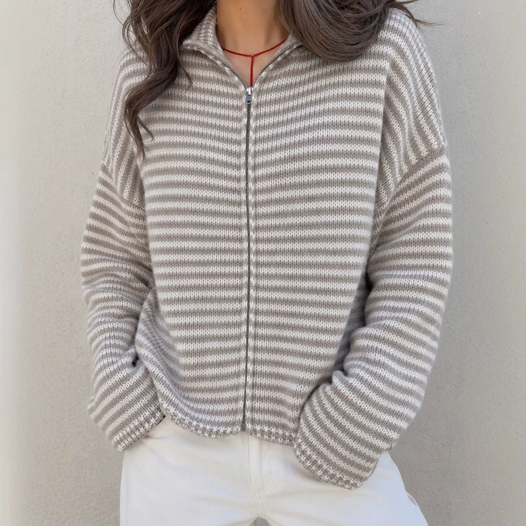 Contrast Stripe Zip-Front Sweater
